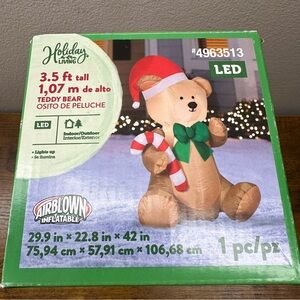Holiday Living 3.5 Ft LED Airblown Inflatable Teddy Bear w/ Santa Hat Yard Decor